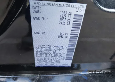 2025 Nissan Altima Sv Fwd from USA, damaged, VIN 1N4BL4DV4SN370487